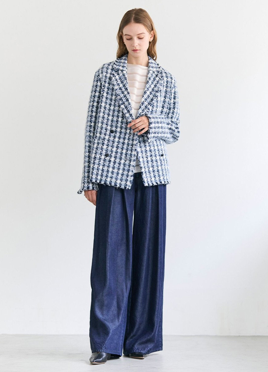 釦飾寬版花呢西裝外套